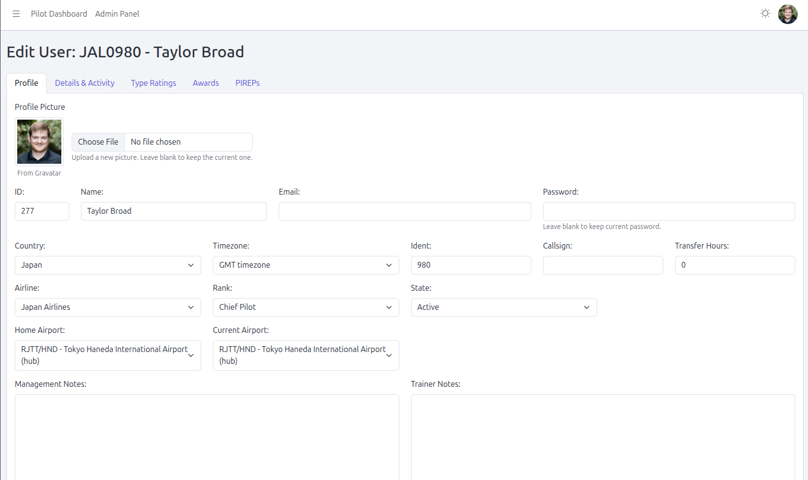 User management screenshot